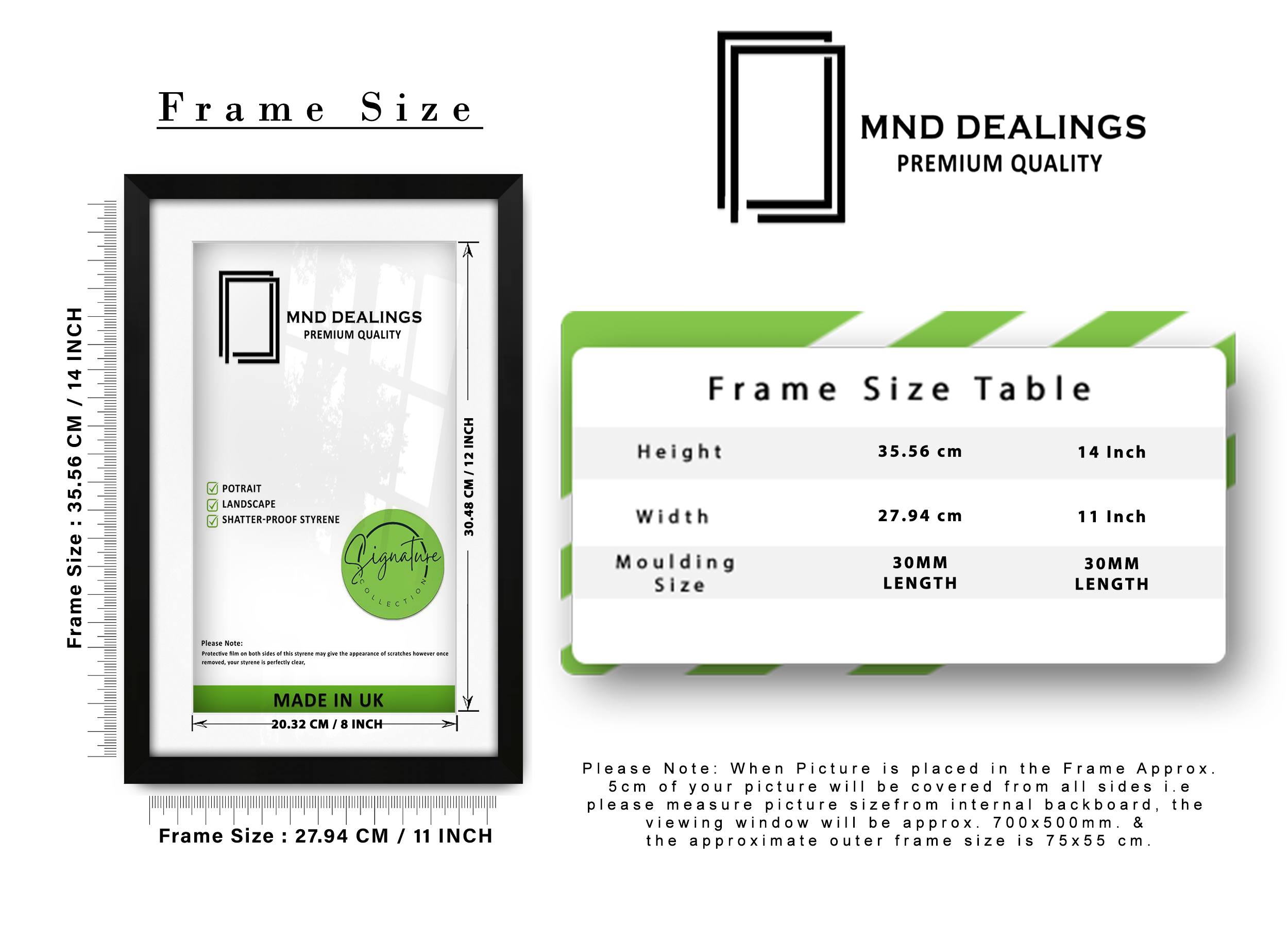 14 x 11 Inch / (35.56 x 27.94 cm ) with 30.48 x 20.32 cm White Mount Frames - MDF
