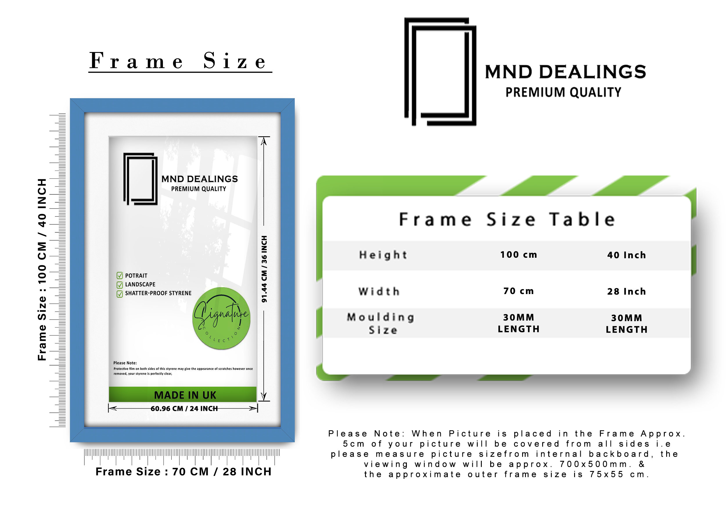 ( 70 x 100 cm ) / 40 x 28 Inch with 91.44 x 60.96 cm White Mount Certificate Frames - MDF