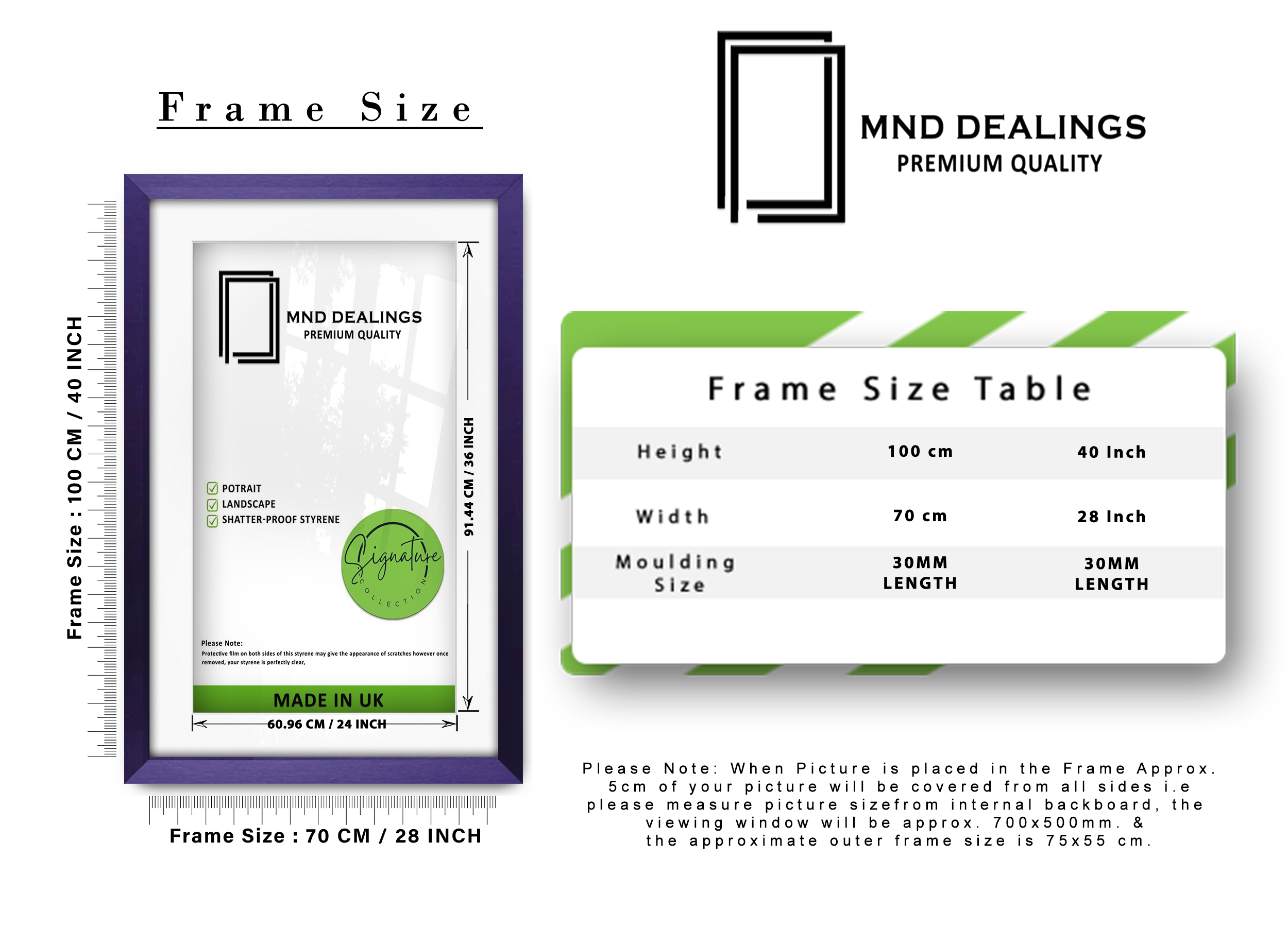 ( 70 x 100 cm ) / 40 x 28 Inch with 91.44 x 60.96 cm White Mount Certificate Frames - MDF