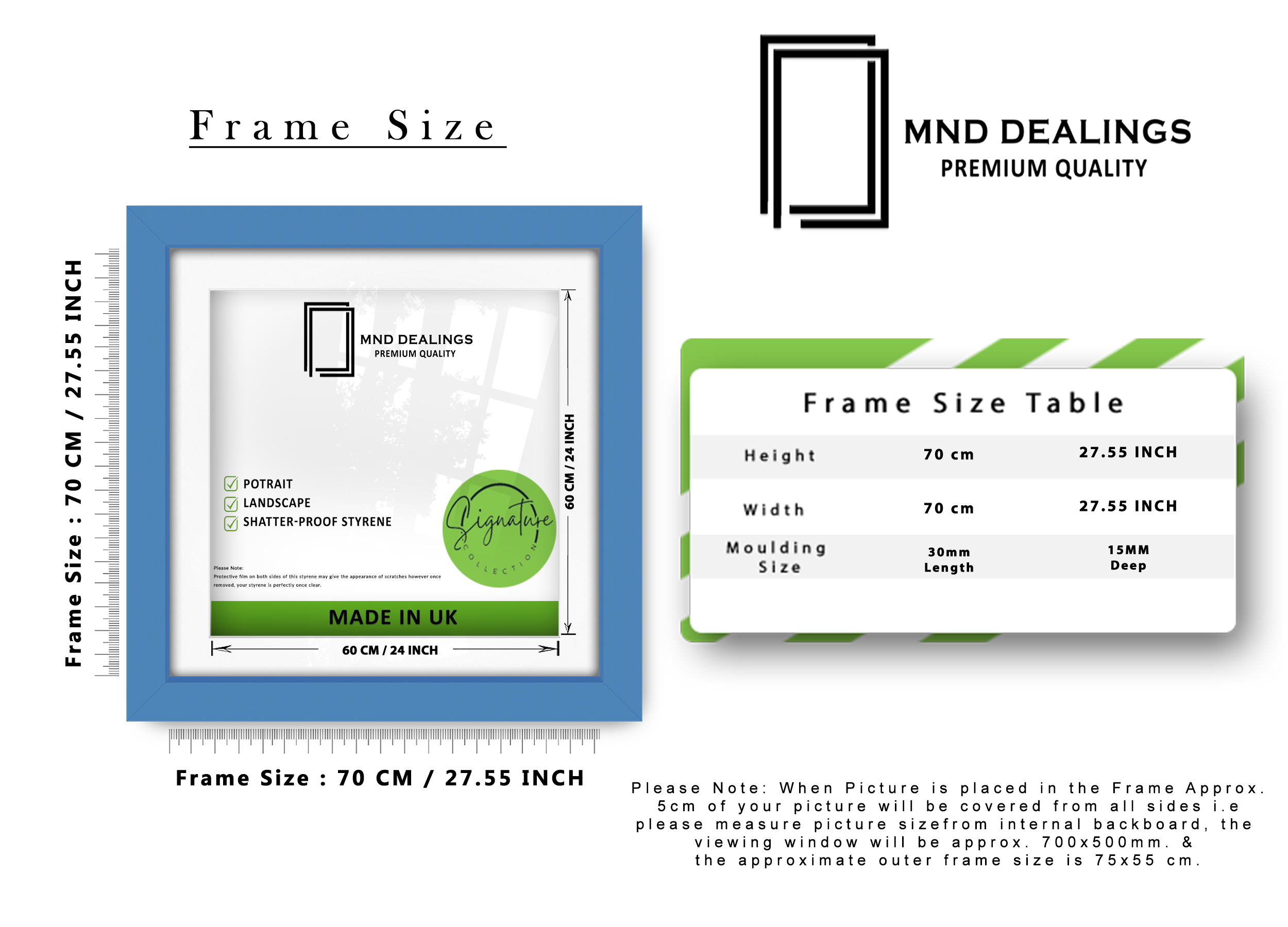 ( 70 x 70 Cm ) / 28 x 28 Inch with 60 x 60 Cm White Mount Picture Frames - MDF