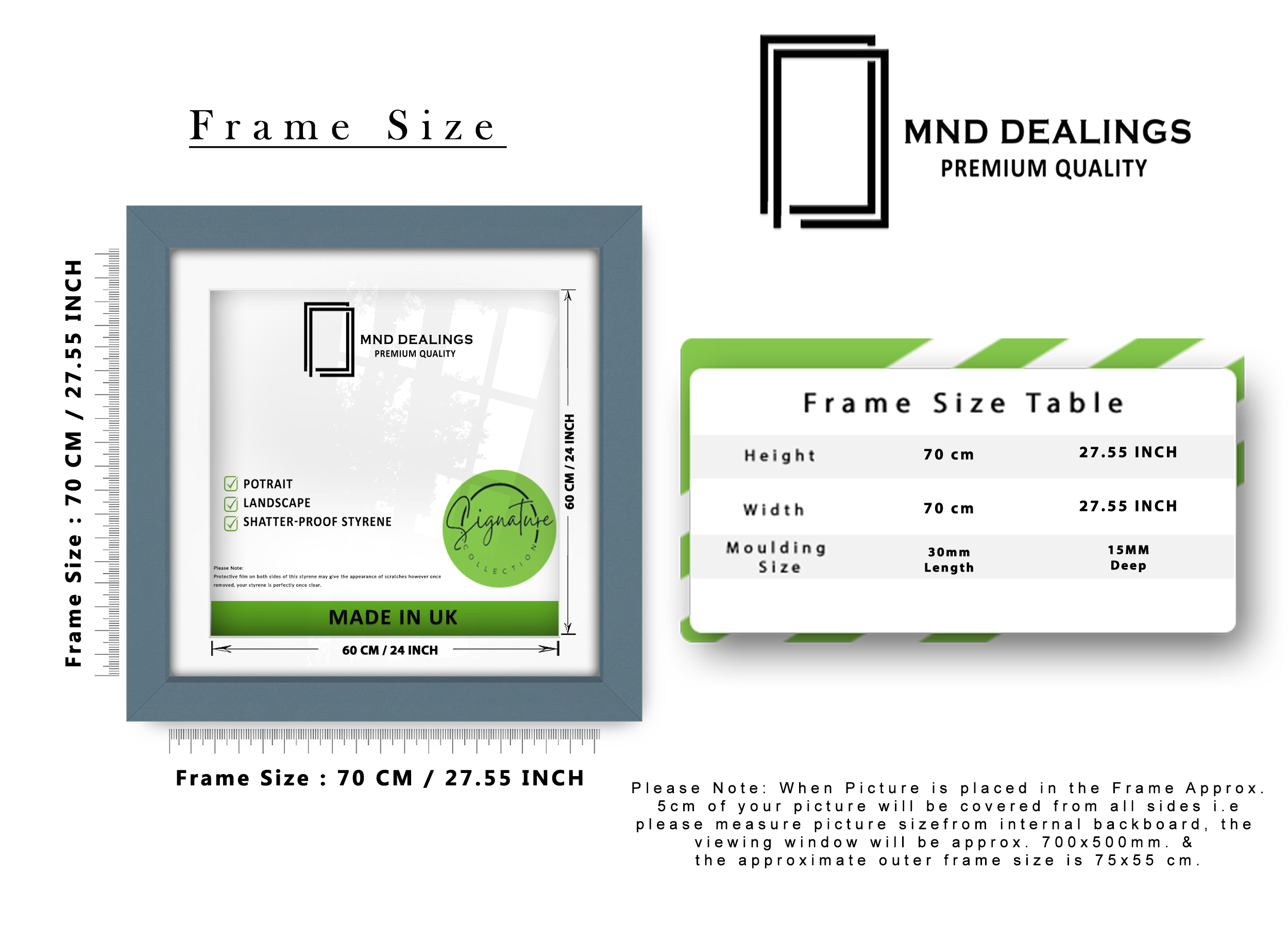 ( 70 x 70 Cm ) / 28 x 28 Inch with 60 x 60 Cm White Mount Picture Frames - MDF