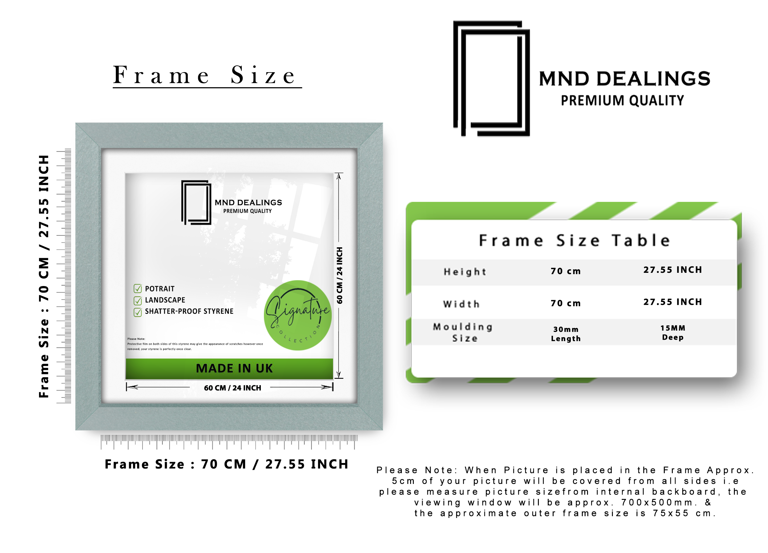 ( 70 x 70 Cm ) / 28 x 28 Inch with 60 x 60 Cm White Mount Picture Frames - MDF